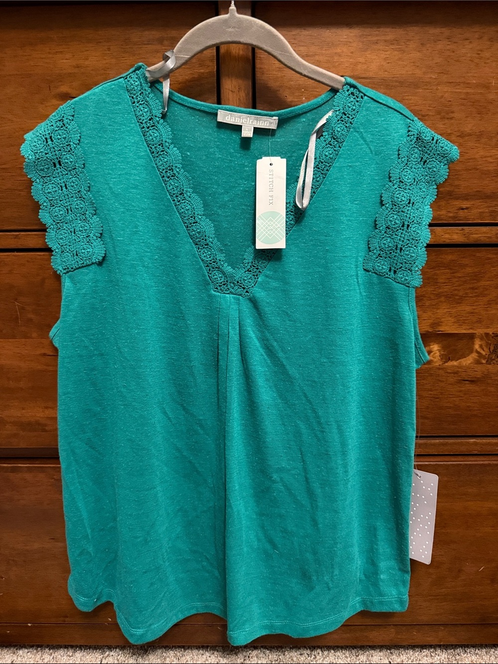 Daniel Rainn Teal V-Neck Sleeveless Top with Crochet Trim